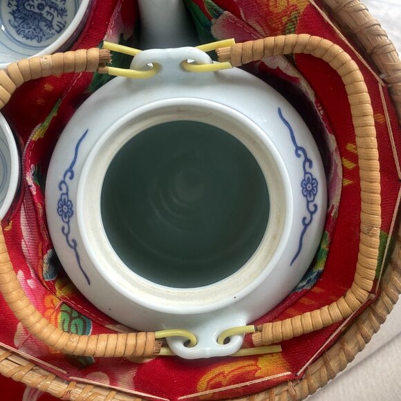 Vintage Picnic Tea Set: Tea Pot and Cups Blue White with Basket Dragon Design - Picture 6 of 8